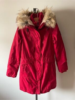 1 Madison Expedition Calgary Series Red Down Fill Parka Coat Faux Fur Hood XS